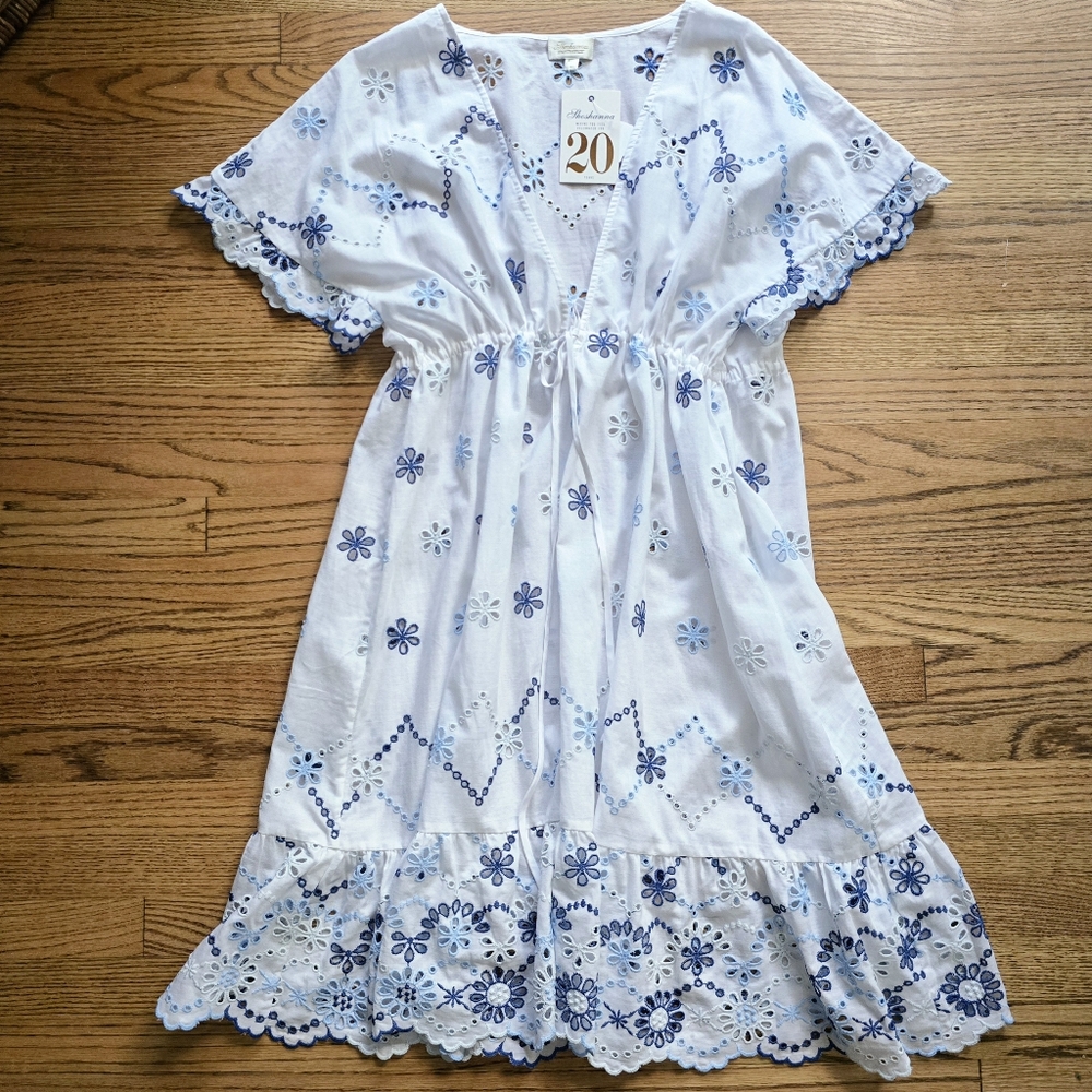 SHOSHANNA Lace Coverup Dress White Blue Eyelet Sundress Large Broderie Anglaise